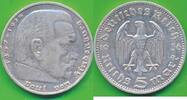 Deutschland Drittes Reich 5 Mark Reichsmark Hindenburg ohne HK 3. Reich Hindenburg , offenes D Fehlprägung -