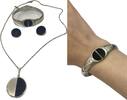 Silberschmuck vintage, Onyx 835+ 925er Silber Set, 3 teilig, WTB Wilhelm Binder, Kette Armreif Ohrclips -
