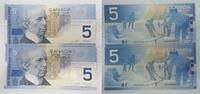 Kanada 2x 5 $ Dollars 2 folgende Serien Nummern, KN: APV8126528-29 -
