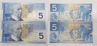 Kanada 2x 5 $ Dollars 2 folgende Serien Nummern, KN: ANV3698171-172 -
