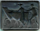 Buderus-Jahresgabe, Gußplakette v. Hanna Cauer 1976/78 Viehtrieb: Hirte und Hirtin mit Rindern, gußfrisch, verso etwas berieben