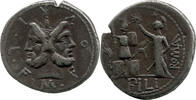 Römische Republik, M. Furius Philus: Januskopf, Denar, Rom 119 v., kl. Rdf., ss