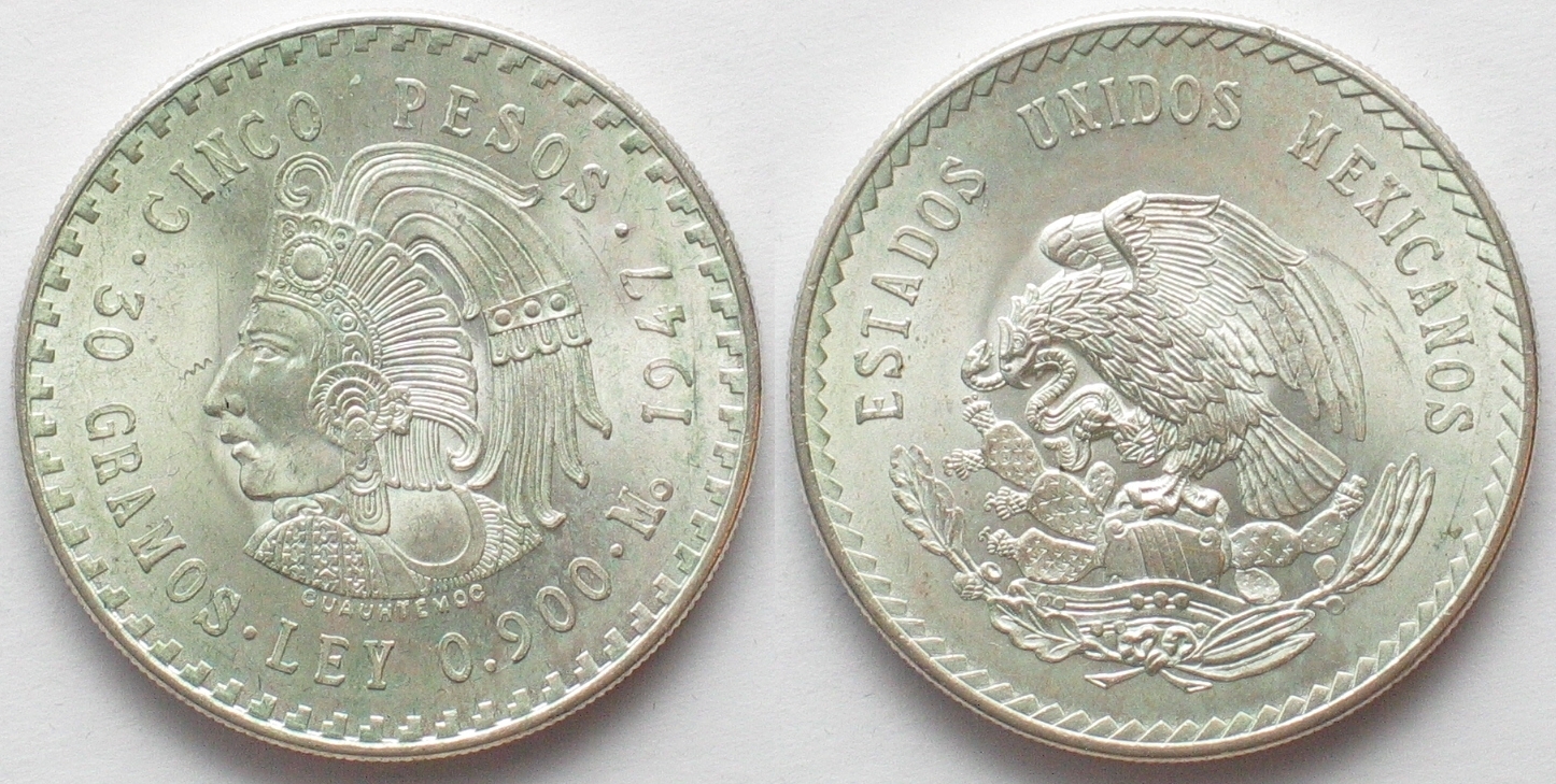 Mexiko MEXICO. 5 Pesos 1947, Cuauhtemoc, Silver, UNC Unz | MA-Shops