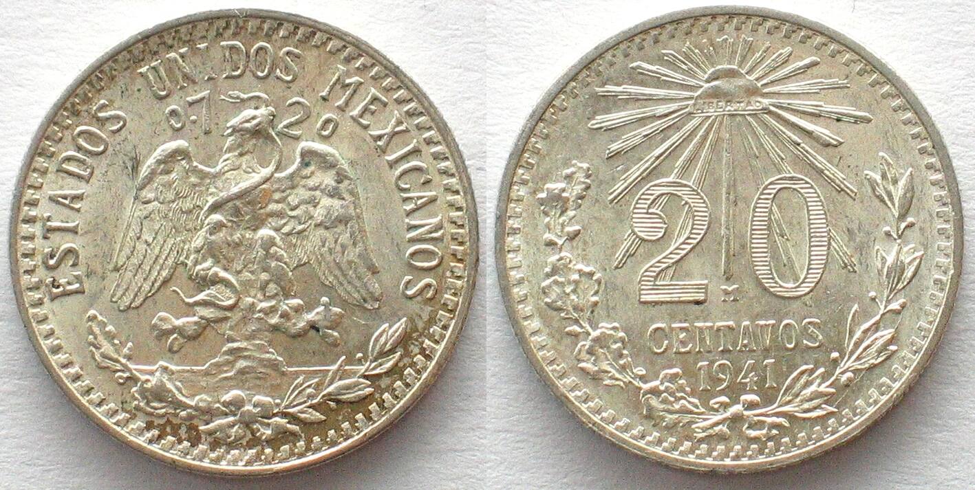 Mexiko MEXICO. 20 Centavos 1941, silver, UNC unz | MA-Shops