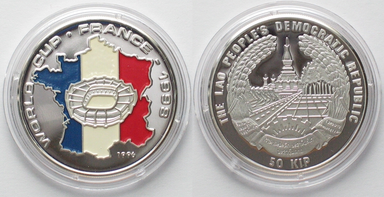 LAOS 50 Kip 1996 FUSSBALL WM Silber FARBE PP