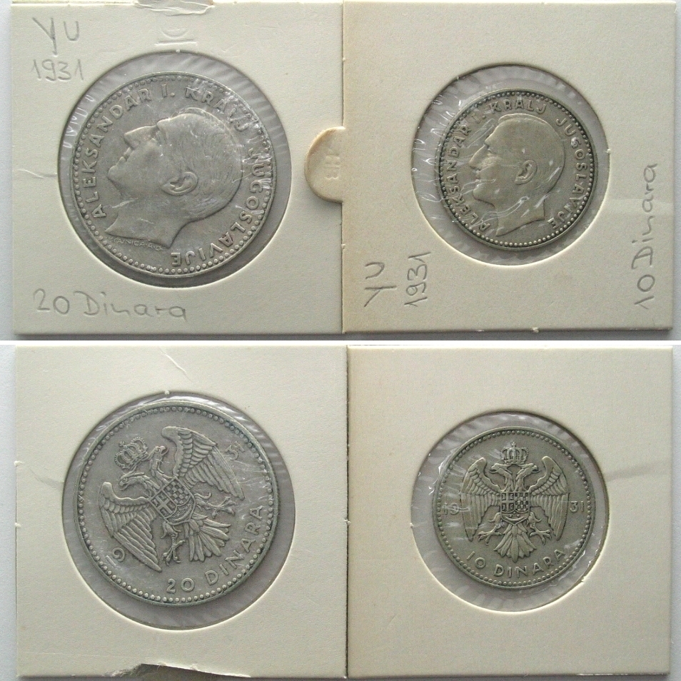 JUGOSLAWIEN Königreich 10 & 20 Dinara 1931 ALEXANDER I. Silber vz/vz+