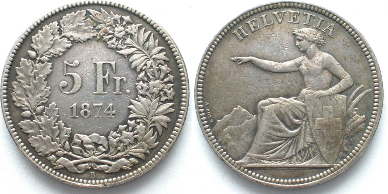 Schweiz CH 5 Franken 1874 B Ohne Punkt SITZENDE HELVETIA Silber SELTEN ...