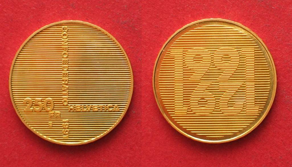 SCHWEIZ 250 Franken 700 Jahre EIDGENOSSENSCHAFT 1991 Gold # 36720 St ...