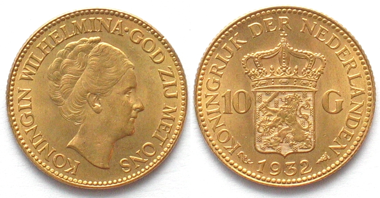 NIEDERLANDE 10 Gulden 1932 WILHELMINA Gold Unz | MA-Shops