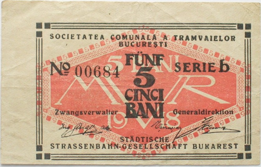 Rumänien BUKAREST 5 Bani 1918 STÄDTISCHE STRASSENBAHNGESELLSCHAFT