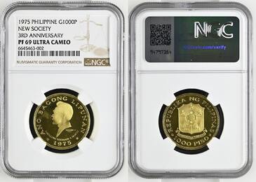 G1000P PHILIPPINEN 1000 Piso 1975 FERDINAND E. MARCOS Gold, weltweit nur 1 Stück besser NGC PF 69 UL