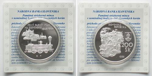 200 Korun SLOWAKEI 200 Kronen 1998 150 JAHRE EISENBAHN Silber Polierte Platte stgl