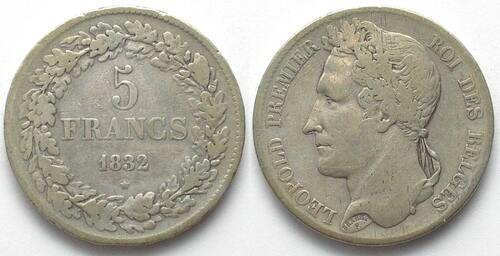 BELGIEN 5 Francs 1832 LEOPOLD I. Pos. B Silber SELTENES JAHR! ss