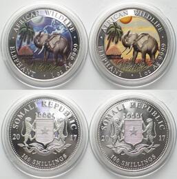 SOMALIA Satz 2 x 100 Shillings 2017, Elefant DAY & NIGHT Silber 1 Unze FARBE stgl