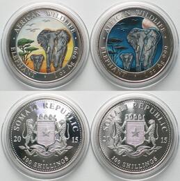 SOMALIA Satz 2 x 100 Shillings 2015 Elefant DAY & NIGHT Silber 1 Unze Farbe RAR! stgl