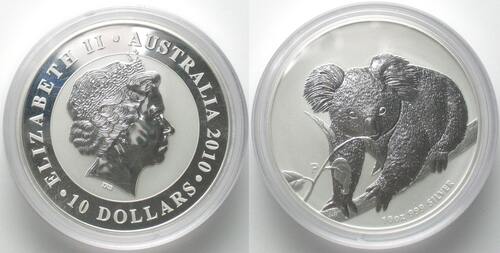 AUSTRALIEN 10 Dollars 2010 KOALA Silber 10 Unzen stgl