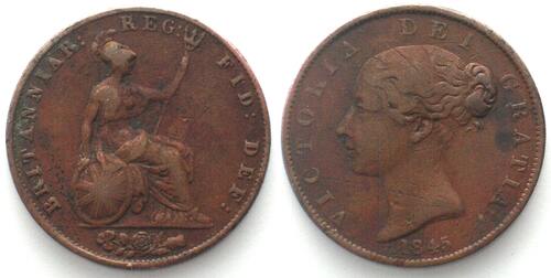 England  RRR! GROSSBRITANNIEN 1/2 Penny 1845 VICTORIA Kupfer ss