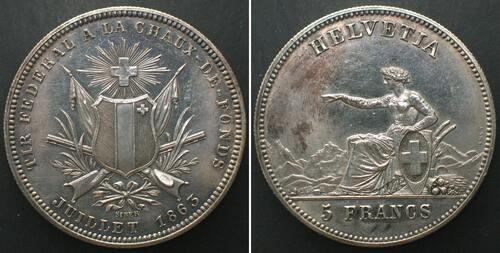 Schweiz - Schützentaler  LA CHAUX-DE-FONDS 5 Franken 1863 SCHÜTZENTALER Silber SELTEN! ERSTABSCHLAG!