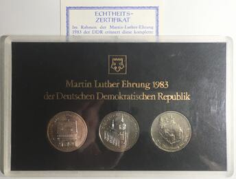 Deutschland - DDR  DDR Satz 1983 MARTIN LUTHER EHRUNG, 3 x 5 Mark, mit Originalzertifikat! stgl