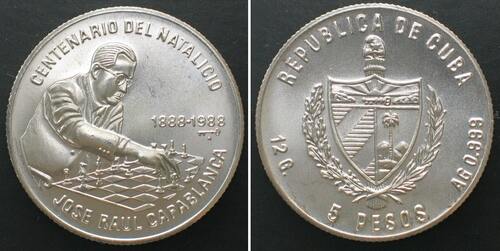 KUBA 5 Pesos 1988 Schach JOSE RAUL CAPABLANCA Silber RAR!!! stgl