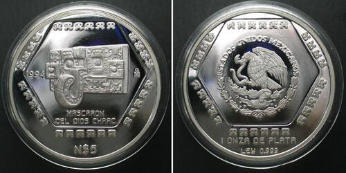 MEXIKO 5 Nuevo Pesos 1994 Mascaron Del Dios Chaac Silber PP m. offiz. Zertifikat