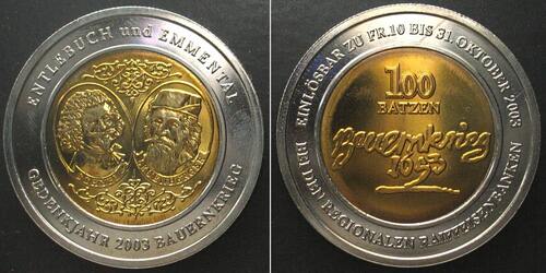 Schweiz - Bern  ENTLEBUCH & EMMENTAL 10 Franken (100 Batzen) 2003 BAUERNKRIEG Bimetall unz