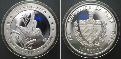 KUBA. 10 Pesos 1999, Kolibri, Zunzuncito, Silber 1 Unze RAR! PP
