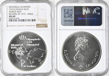 CANADA S$10 KANADA - ZWITTERPRÄGUNG 10 Dollars 1974 Weltkarte OLYMPIA MONTREAL Silber RAR!!! NGC MS 
