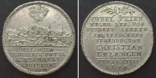 BRANDENBURG-ANSBACH 1/4 Taler 1786, 100 J. NEUSTADT-ERLANGEN Silber ERHALTUNG! unz