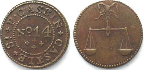 British Tokens - Ireland 1780-1800 DUBLIN 18th cent. Farthing Token P. CASSIN CASTLE ST. No14 brass 