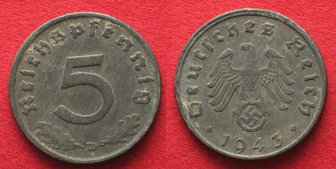 German 3. Немецкая пфенинг 1943 5. Монета 2 Reich Pfennig 1943 Германия. Монеты пфенинг 3-й Рейх. Третий Рейх 1943.