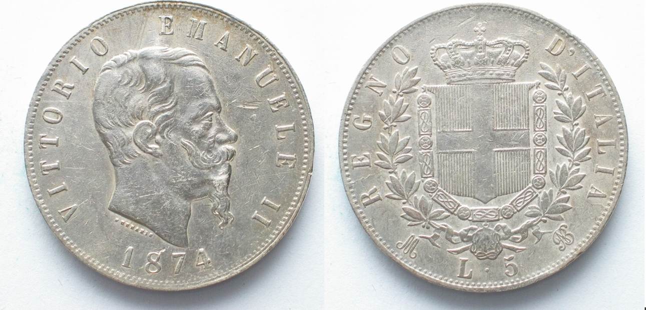 ITALIEN 5 Lire 1874 M BN VITTORIO EMANUELE II. Silber # 98338 Ss-vz ...