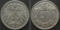 Haus Habsburg ÖSTERREICH. K.u.K. 20 Heller 1908, Franz Joseph I., Nickel, ERSTABSCHLAG! -