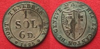 Schweiz - Genf GENF 1 Sol 6 Deniers (6 Quarts) 1825 Billon ERHALTUNG! # 14116