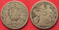 Schweiz EIDGENOSSENSCHAFT 1 Franken 1860 B SITZENDE HELVETIA Silber RAR! # 94704