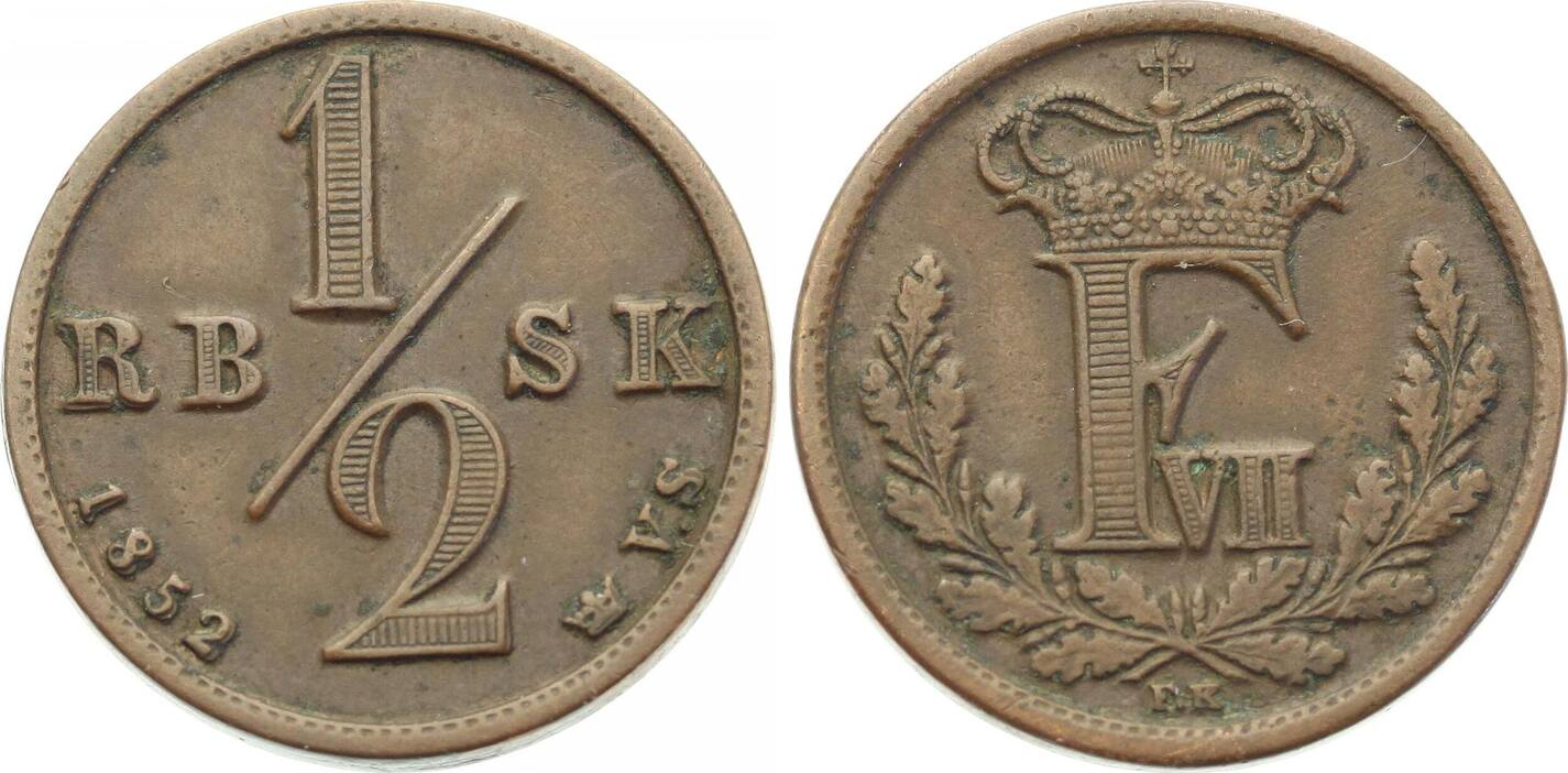 Dänemark 1/2 Rigsbankskilling 1852 Frederik VII. 1848-1863. Kräftig ...