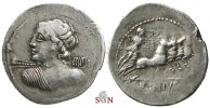 C. Licinius L.f. Macer Denarius - bust of Vejovis / Quadriga - Crawford 354/1