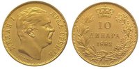 Jugoslawien-Serbien 10 Dinara Gold Milan Obrenovich IV. (Milan I.) 1868-1889.
