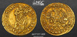GERMANY Goldgulden (Ducat) 1618 AE Frankfurt (Free City). Gold Ducat St. John w. Lamb of God Coin. NGC AU Details