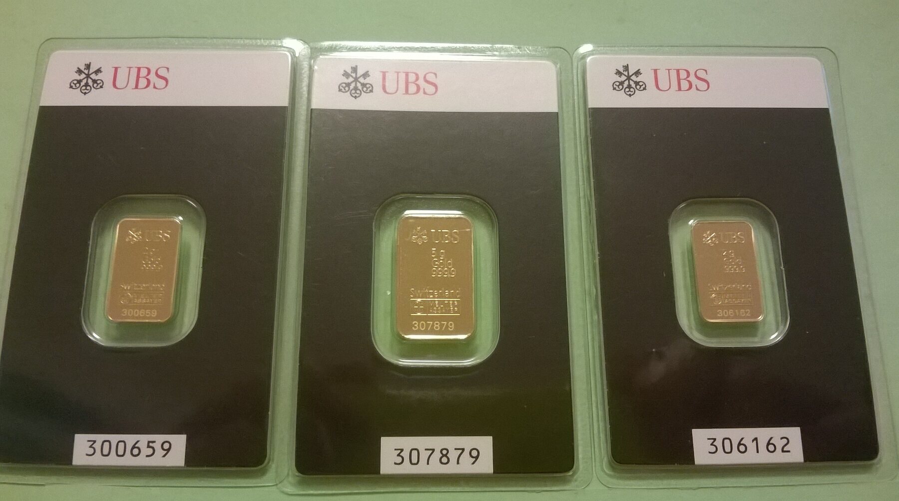 Switzerland, Schweiz UBS Goldbarren, Gold Bars 2 g + 2g + 5 g, 9999