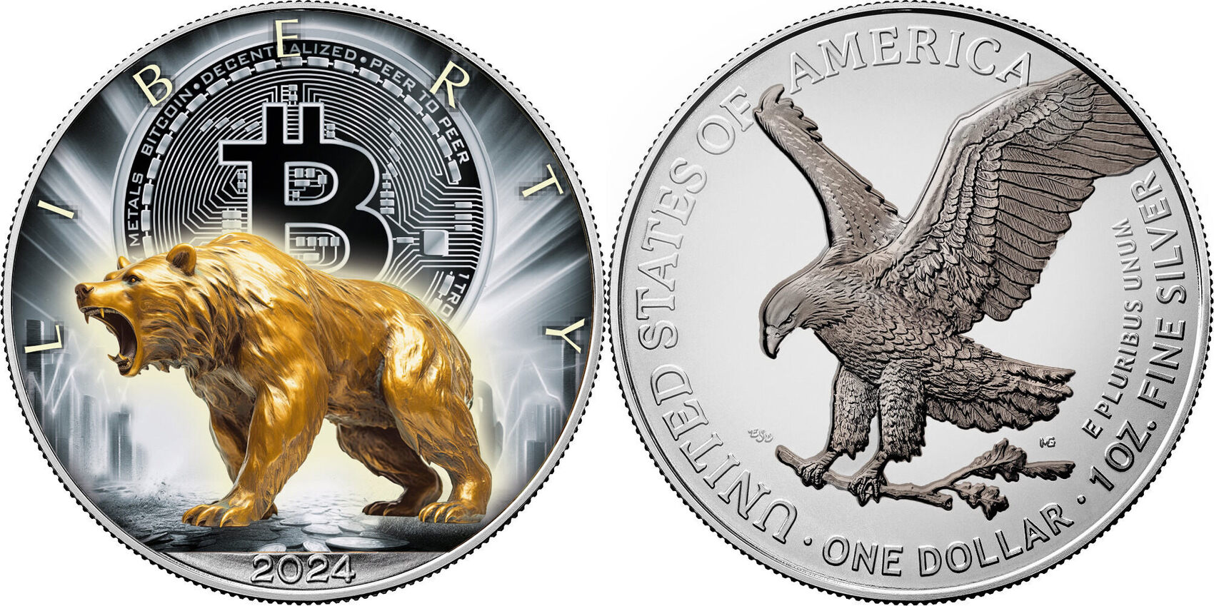 Vereinigte Staaten 1 USD Silbermünze Silver Eagle 1 oz Bitcoin Bär 2024  Farbe 999 Silber BU USA Stempelglanz | MA-Shops