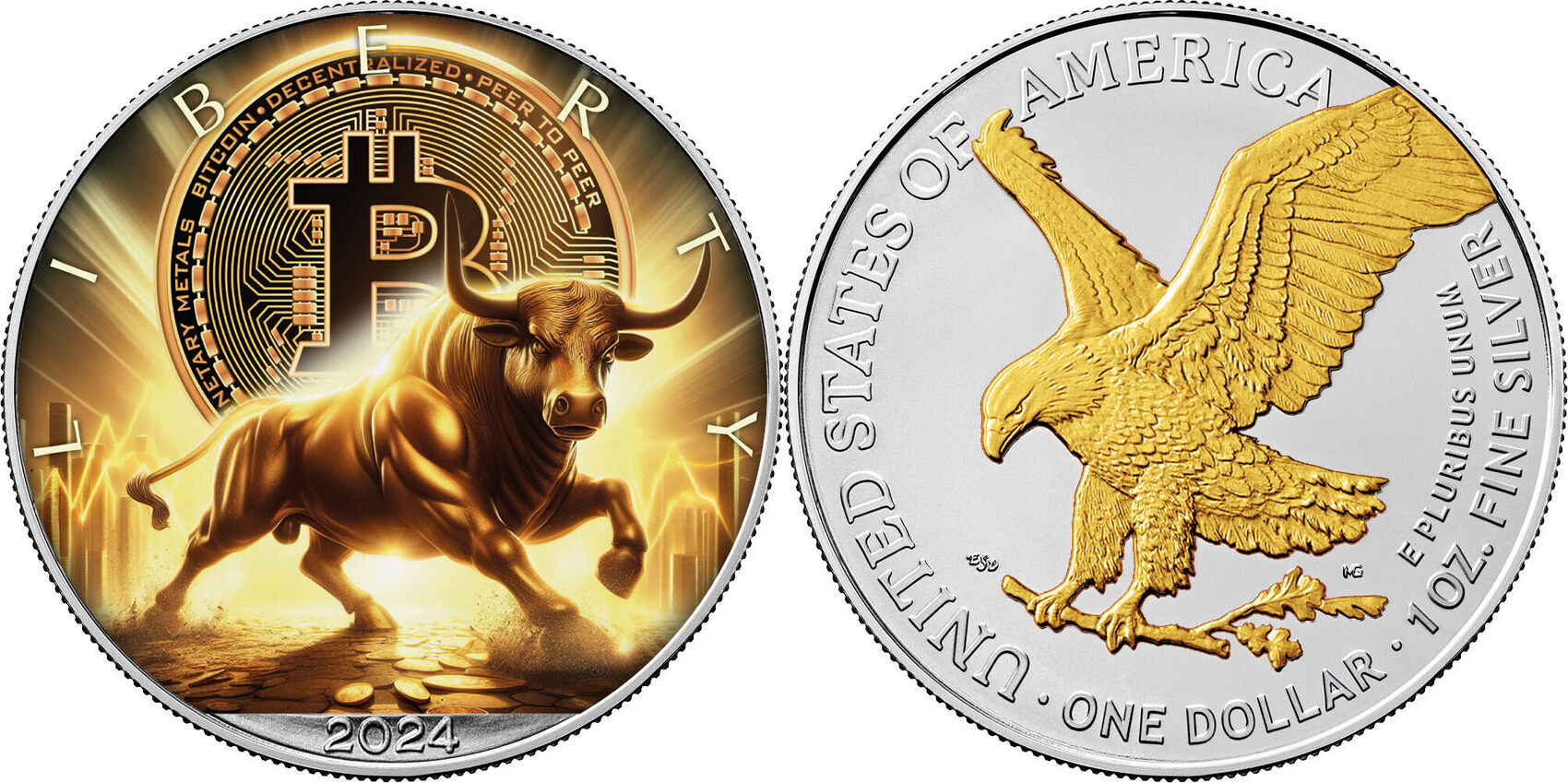 Vereinigte Staaten Silbermünze Silver Eagle 1 oz Bitcoin Bulle 2024 Farbe  999 Silber BU USA Stempelglanz | MA-Shops