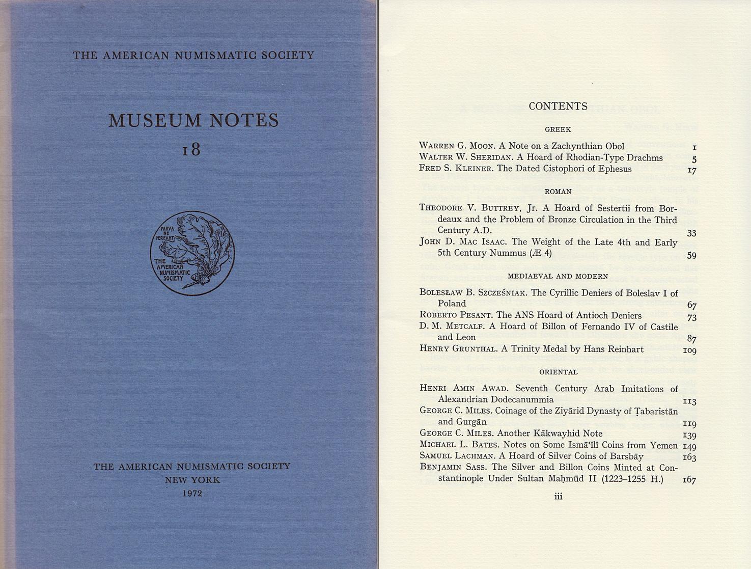 AMERICAN NUMISMATIC SOCIETY 1972 MUSEUM NOTES 18 II | MA-Shops