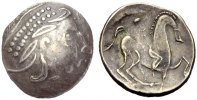 KELTISCHE MÜNZEN AR Tetradrachmon OSTKELTEN: IMITATIONEN PHILIPP II., "ENTENSCHNABELPFERD/KINNLOS"