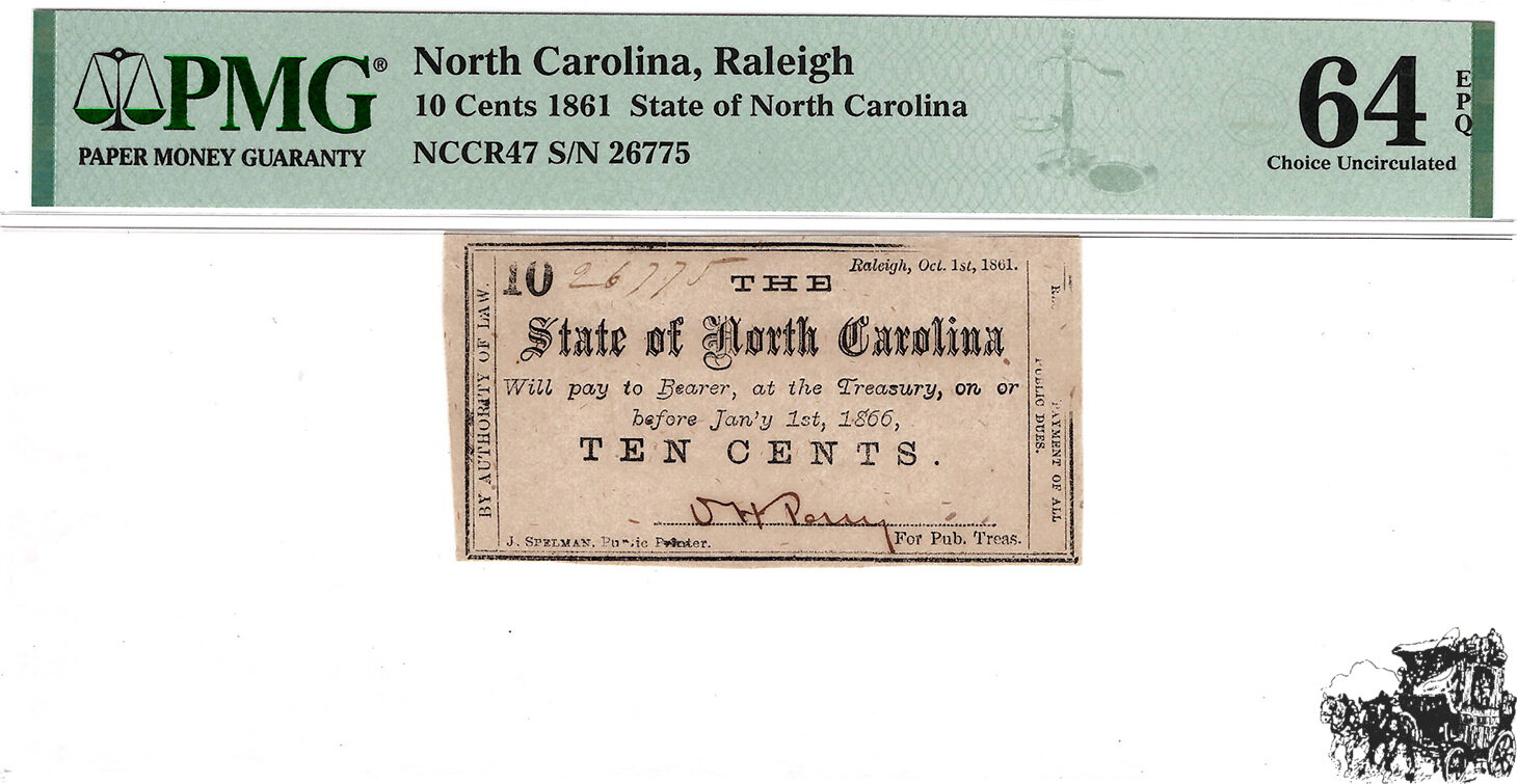 10 Cent 1861 USA / North Carolina - PMG Grad 64 EPQ - nur 1 besser ...