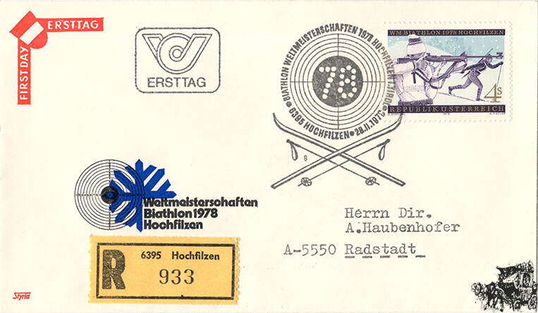 Österreich FDC 1978 4 S Weltmeisterschaften im Biathlon Reko MA