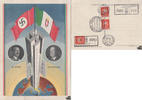 Österreich Propagandakarte Adolf Hitler/Benito Mussolini, Erdkugel, Fahnen 1938 -