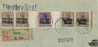 Deutschland R-Brief 1918, Nr. 1 mit Aufdruck Russisch Polen und Nr. 7/15 mit Aufdruck Generalgouvernement Warschau -