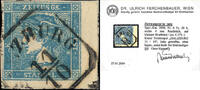 Österreich 1851 o - 0,6 Kreuzer - Blauer Merkur auf Briefstück - mit Attest: Dr. Ferchenbauer -
