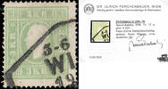 Österreich 1858 o - 3 Kreuzer - Freimarke, Kaiserkopf nach links, mit Attest: Dr. Ferchenbauer -